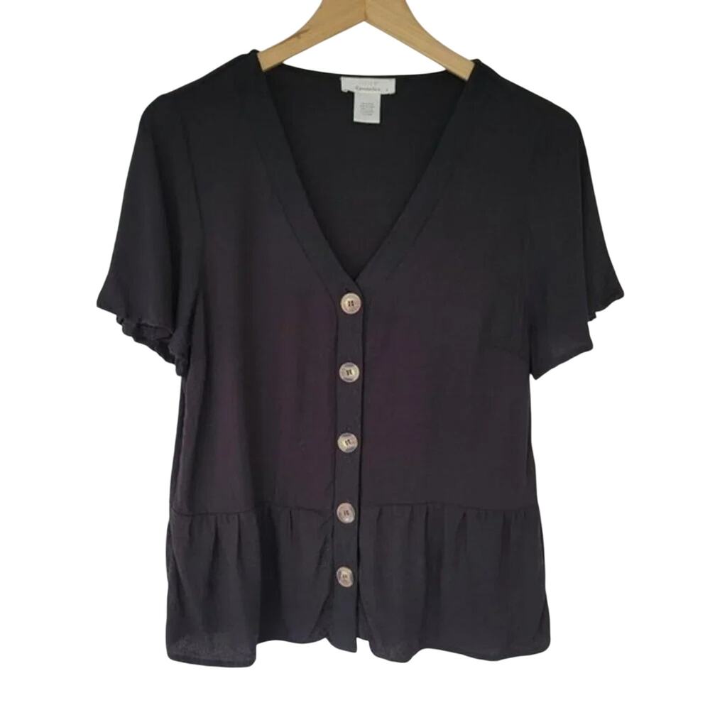 Urban Romantics Short Sleeve Button Down Blouse Black Rayon Womens Size L